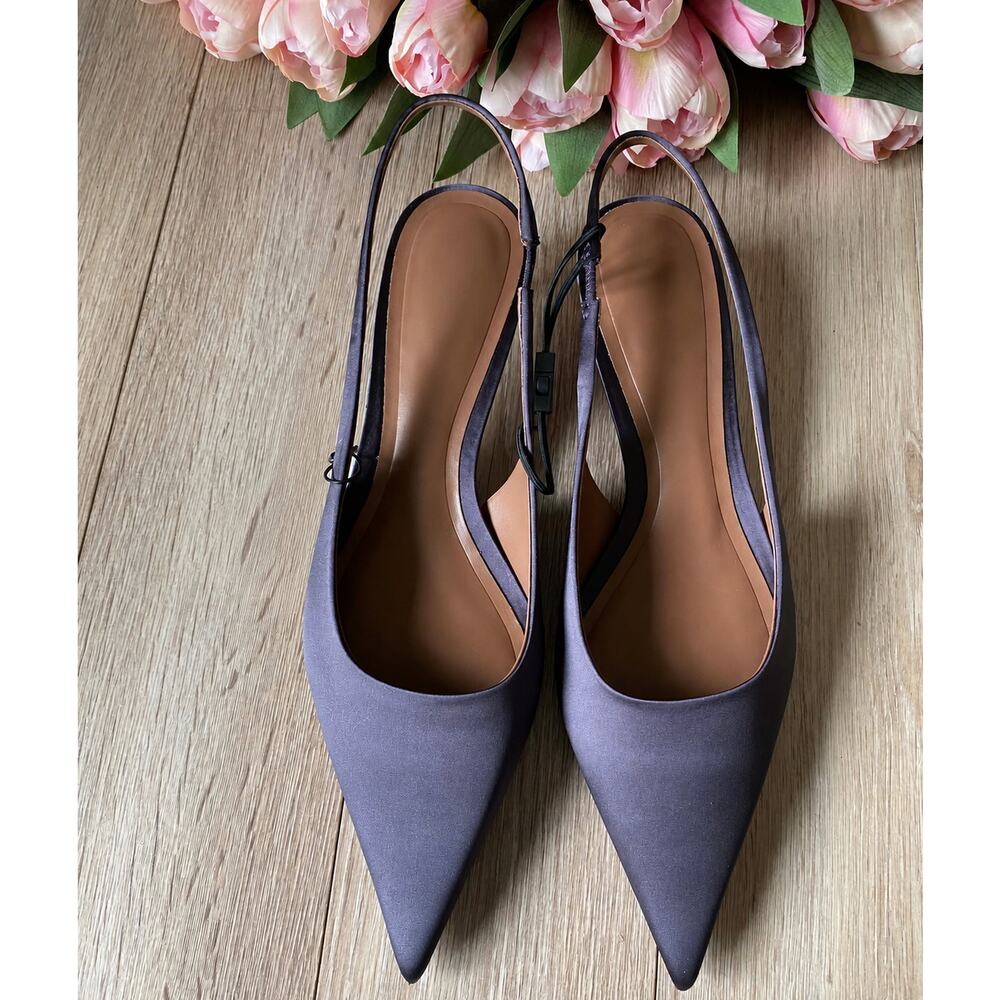 Zara Anthracite Grey Kitten Heel Slingback Pumps Pointed Toe Chic Size 7.5 NWT - Picture 10 of 16